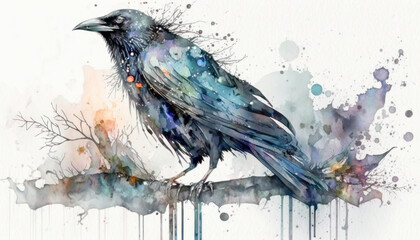 Black crow watercolor paint art. Generative AI