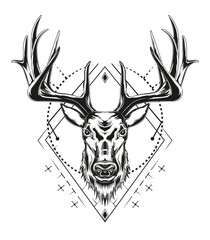 Deer illustration design in black and white color
