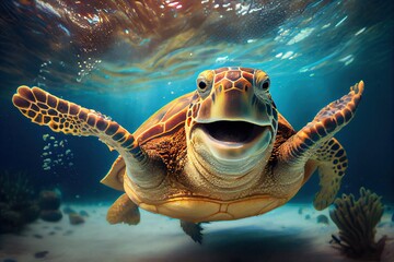 Happy smiling sea turtle swimming underwater. Generative AI - obrazy, fototapety, plakaty