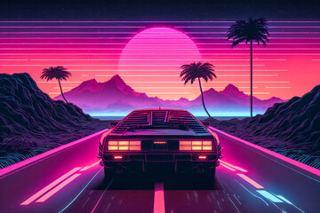 Summer vibes 80s style illustration with car driving into sunset. Generative AI. - 571525091