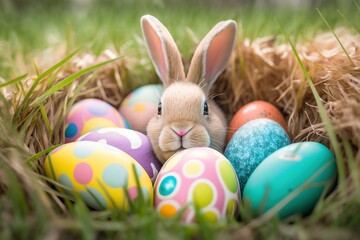 Brightly Coloured Easter Eggs and Bunny Nestled in a Bed of Fresh Grass