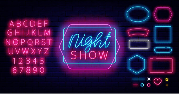Night show neon geometric label. Dusk performance flyer. Luminous pink alphabet. Vector stock illustration
