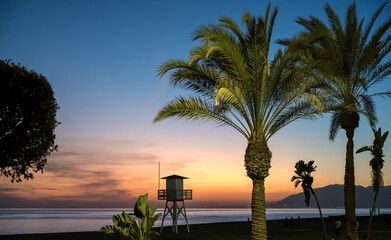Obraz premium Sunset view of a Mediterranean beach in Cala del Moral in Malaga, southern Spain, with lush palm trees and silhouette of lifeguard tower.