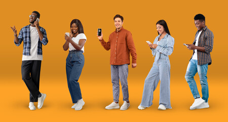 Fototapeta premium Diverse Happy Multiethnic People Talking Or Messaging On Smartphones Over Orange Background