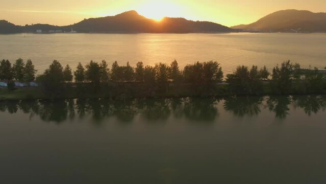 Exotic Sunset view of the watery in Marina island, Malaysia. Aerial shot.