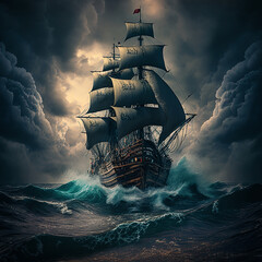 Pirate ship during a storm with a cloudy sky. Generative AI