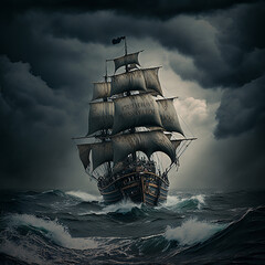 Pirate ship sailing through a violent storm. Generative AI