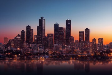 Fototapeta na wymiar Seattle aerial skyline panorama of downtown skyscrapers at sunset, Washington USA. The concept of cyber security to protect confidential information, padlock hologram. Generative AI