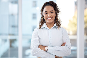 Business, success and portrait of black woman with smile, crossed arms and happy for vision, ideas...