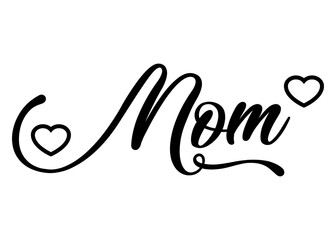 Día de la Madre. Letras de la palabra mom con corazones. Texto manuscrito mom para su uso en felicitaciones y tarjetas