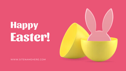 Happy Easter banner template design rabbit ears hiding in egg half realistic vector illustration