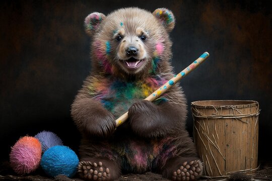 Young Bear Cub Smiling Joyfully While Artfully Painting Easter Eggs