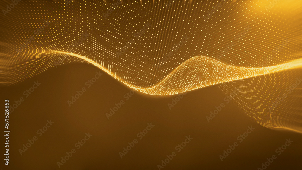 Poster golden data wave in the metaverse. particles wave background with gold led light. cloud computing co