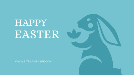Happy Easter bunny with flower blue vintage banner template design festive holiday celebration vector flat illustration