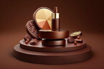 On a background of brilliant brown, a round wooden pedestal with food or cosmetic products is displayed. Generative AI