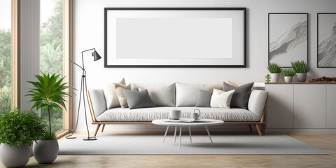 Blank poster wall frame mock up in modern Scandinavian style living room interior. Modern living room interior background, sofa and plant on table, 3d rendering generative ai.