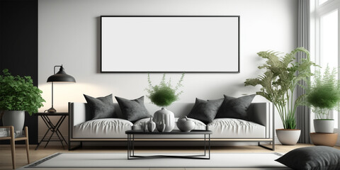 Blank poster wall frame mock up in modern Scandinavian style living room interior. Modern living room interior background, sofa and plant on table, 3d rendering generative ai.