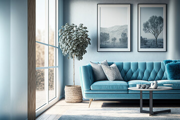 Modern living room interior with sofa. Generative AI illustration.
