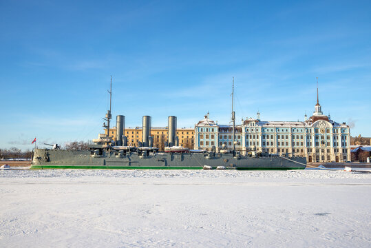 The cruiser Aurora against the background of the Nakhimov School. Saint Petersburg