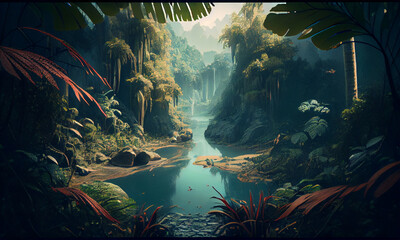 Deep tropical jungle inside a tropical forest dazzling with sunshine. one with nature in the forest. generative ai.