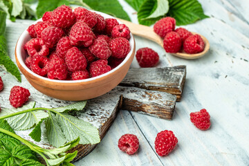 Organic raspberries, Fresh raspberries in bowl. Ripe juicy fresh raspberries. healthy food, vitamins, summer berry fruit. Long banner format. place for text