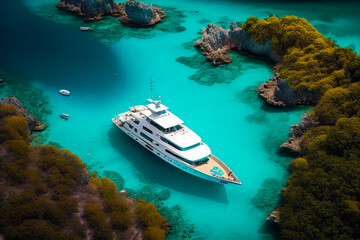 Fototapeta na wymiar Aerial view of luxury yacht anchored in tropical island water created with generative AI