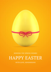 Happy Easter yellow chicken egg tied by ribbon bow 3d greeting card design template realistic vector