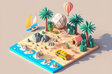 Summer beach stunning 3D isometric style. Generative AI illustration.