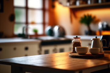 Wooden table top on unfocused kitchen room background. Generative AI illustration.