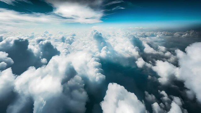 Flying above beautiful blue cloudscape, detailed aerial view from airplane, camera moving to clouds, picturesque CG animation.