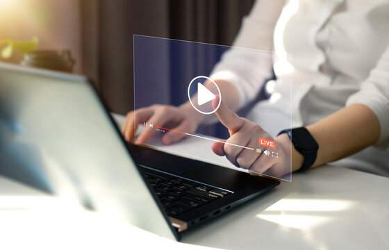 Woman watching a live stream.Online live stream window. Video streaming on internet concept. Live digital stream multimedia player.