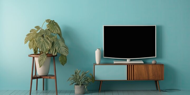 Tv on light blue wall with wooden table and plant in pot empty living room interrior. Generative AI