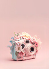 Pastel pink retro technological concept of a vintage camera with fresh spring flowers. Illustration, Generative AI.
