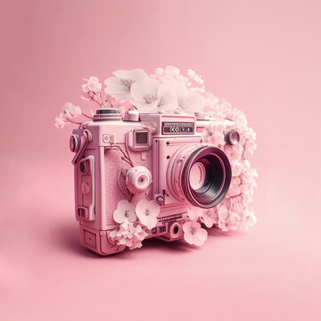 Pastel pink retro technological concept of a vintage camera with fresh spring flowers. Illustration, Generative AI.