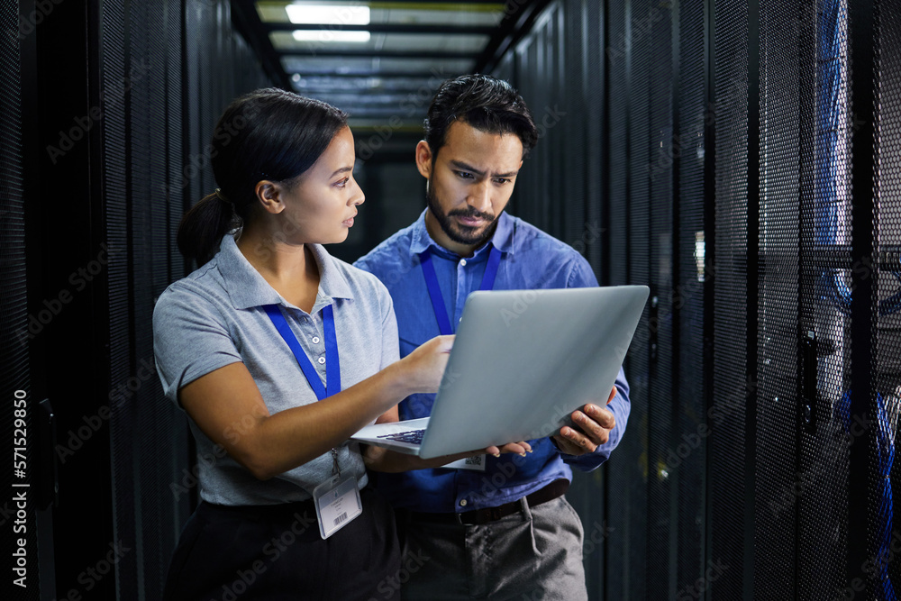 Aufkleber Laptop, server room and technician people problem solving in database management, system upgrade or cyber security. Error, data center or engineer employees, information technology and programming