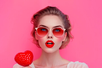 Portrait of beautiful young woman blowing her lips with lipstick sending sweet air kiss wearing red heart shaped sunglasses on pink background, generated ai
