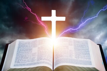 Dramatic christian cross light and bible book