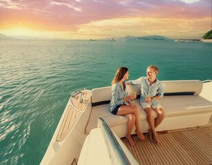 Romantic vacation and luxury travel. Young loving couple sitting on the sofa on the modern yacht deck. Sailing the sea.
