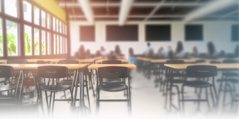 Naklejka premium School smart classroom in blur background without young student; Blurry view of elementary class room no kid or teacher with chairs and tables in campus. Generative AI