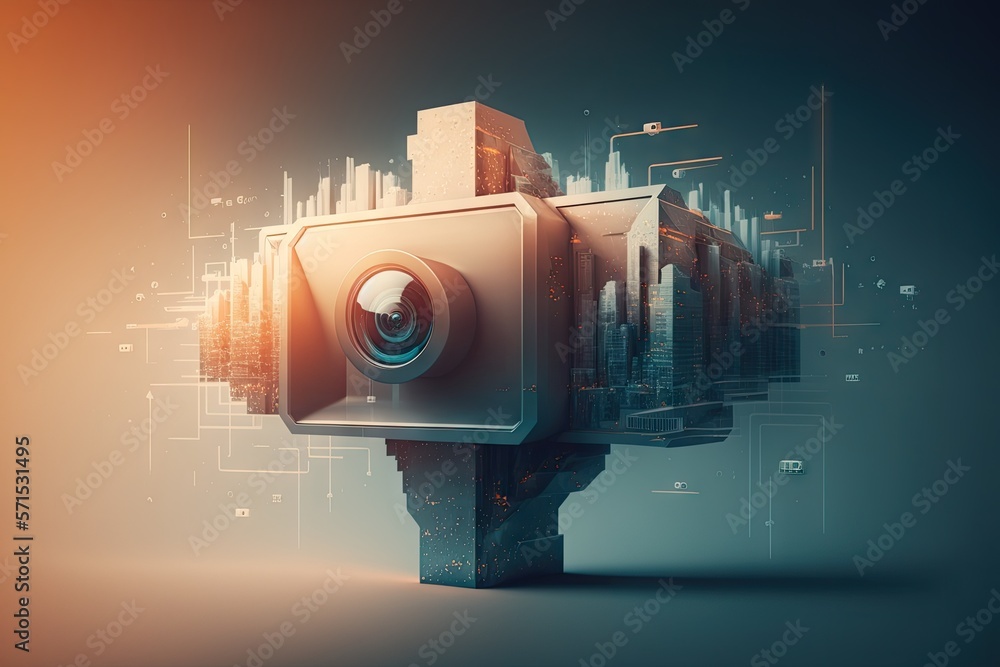 Poster a wall mounted modern cctv camera. a security hud and abstract infographics on a hazy background. do