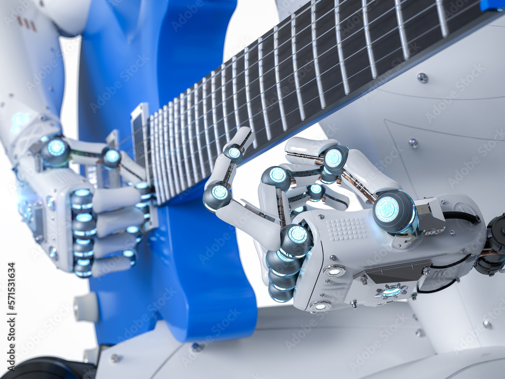 Poster ai music composer or generator with robot play guitar