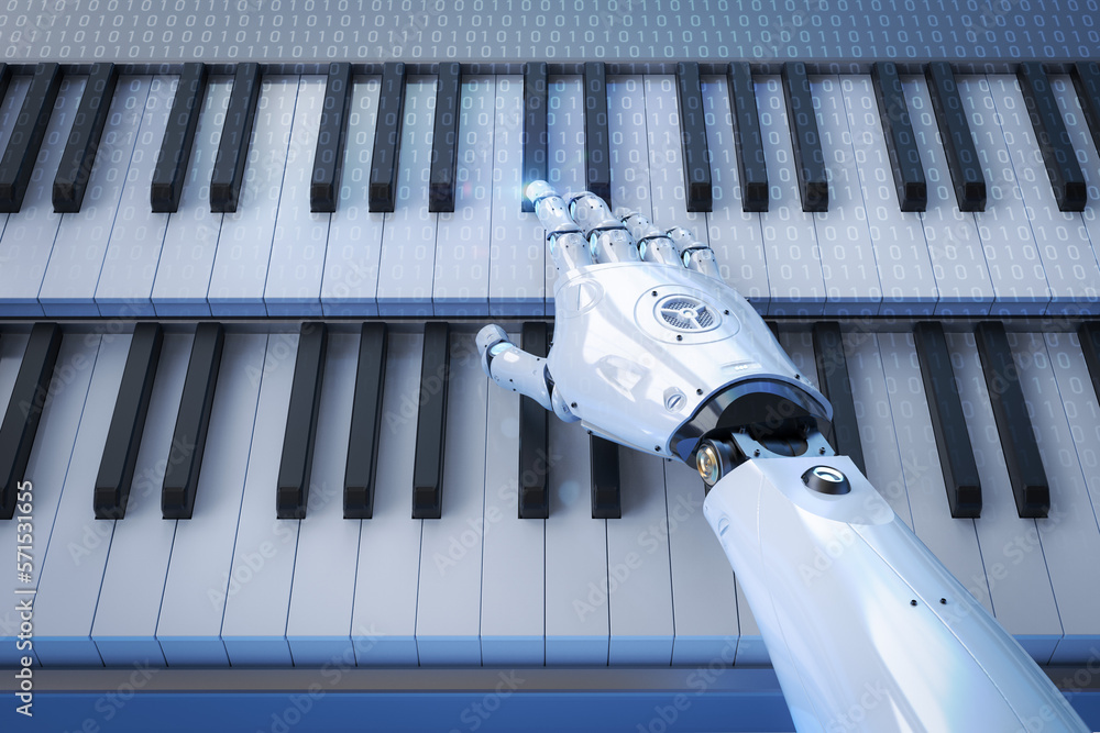 Poster ai music composer or generator with robot play piano