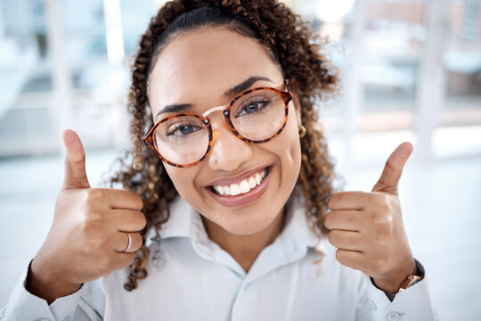 Optometry, Thumbs Up And Face Of Woman With Glasses For Vision, Eye Care And Health In Shop. Eyewear, Wellness Portrait Or Happy Female From South Africa With Hand Gesture For Success, Approval Or Ok