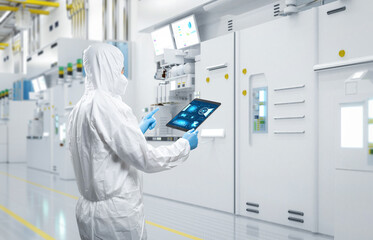 Worker or engineer wears protective suit or coverall suit work in semiconductor manufacturing...