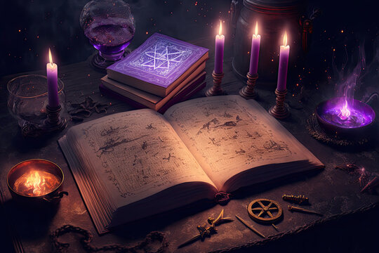 Magic old book of witchcraft with candles on the table. Dark fantasy illustration. Generative AI