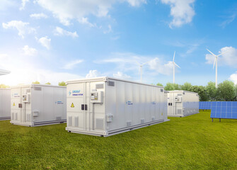 Fototapeta na wymiar Amount of energy storage systems or battery container units with solar and turbine farm
