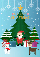 Merry Christmas greeting card, banner, poster, background with Santa Claus, Reindeer, Snowman, Tree, Gift and Snowfall. cartoon flat vector illustration.