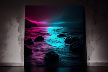 Neon light over the sea, mix color. Generative Ai