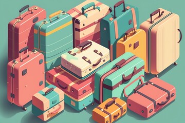Suitcases on wheels. Color suitcases for all family. Generative AI