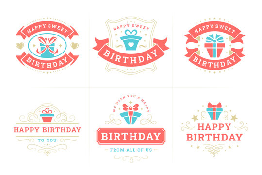 Happy birthday labels and badges set for greeting cards vector flat illustration
